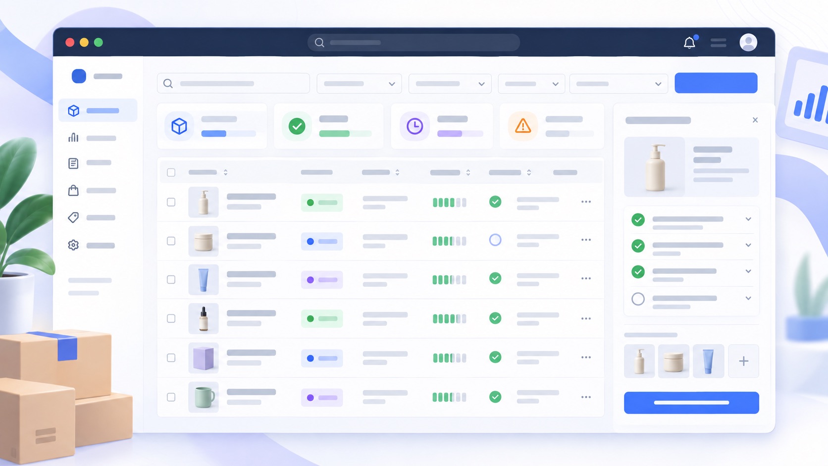 Illustration of a channel-ready ecommerce product operations dashboard with listing checks, inventory signals, and approval steps